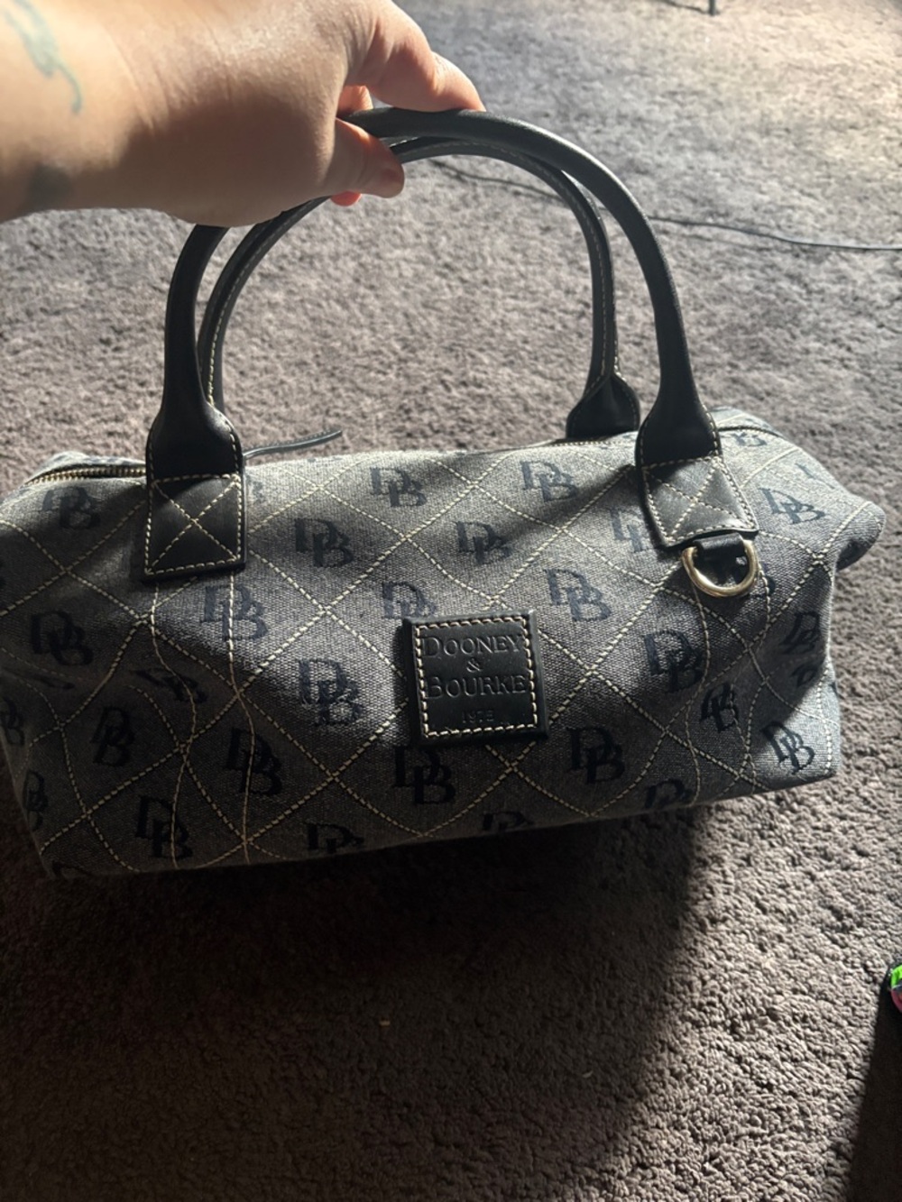 Dooney & Bourke Black DB Logo Barrel Satchel with Leather Trim